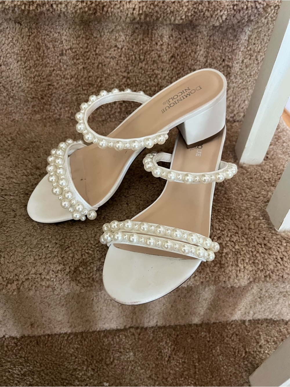 Dominique White Pearl-Embellished Block Heel Sandals